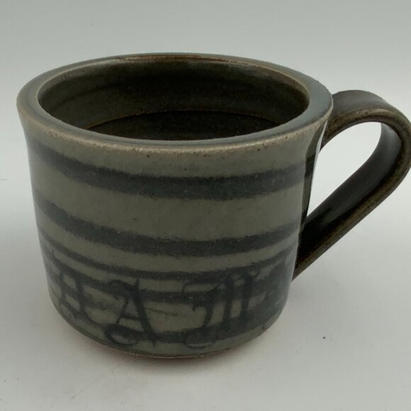 Rafe Bouchard Pottery Large Clay Swirl " DAMN " Mug Peony Flower Design Bottom - Picture 6 of 9